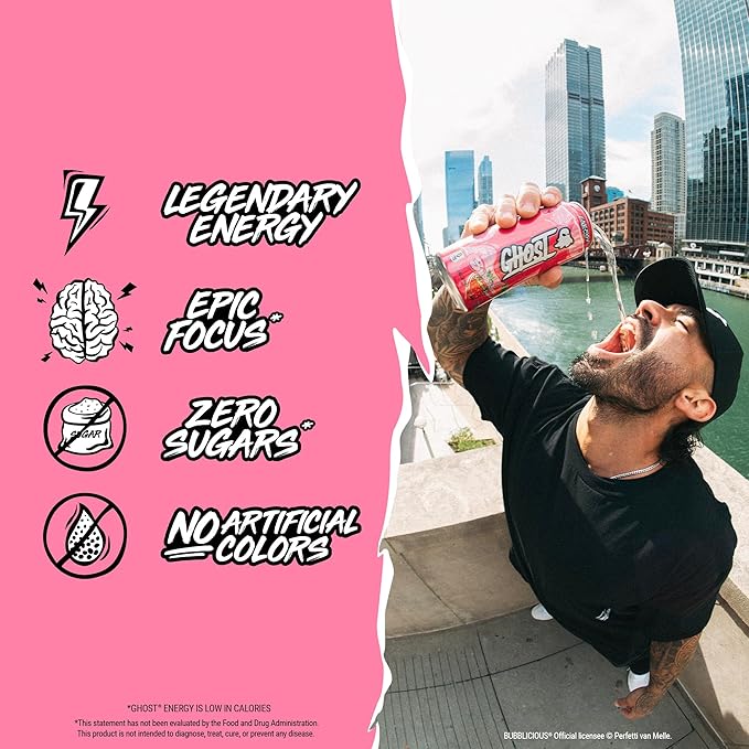 GHOST Energy Drink - 12-Pack, Bubblicious Strawberry Splash, 16oz Cans - Energy & Focus, No Artificial Colors - 200mg of Natural Caffeine, L-Carnitine & Taurine - Gluten-Free & Vegan