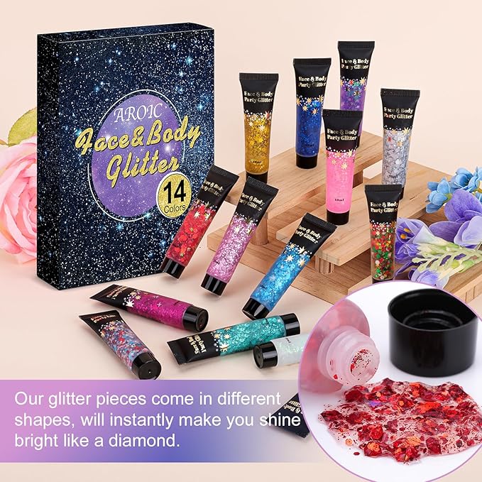 AROIC 14 Colors Body Glitter, Face & Hair Glitter Gel Set for Festival, Eye Shimmer for Women Glow in The Dark Rave Accessories Party Supplies, Face Paint Hair/Cheek/Eyelid Sparkle Makeup(18ml/Tube)