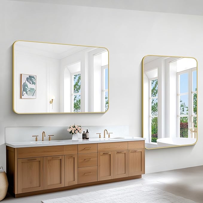 Gold Bathroom Mirror,55x36 inch Wall Mirror for Bathroom Wall Mounted,Round Rectangle Mirror for Bathroom Over Sink,Modern Frame for Home Decor Living Room,Bedroom Entryway,Horizontal/Vertical