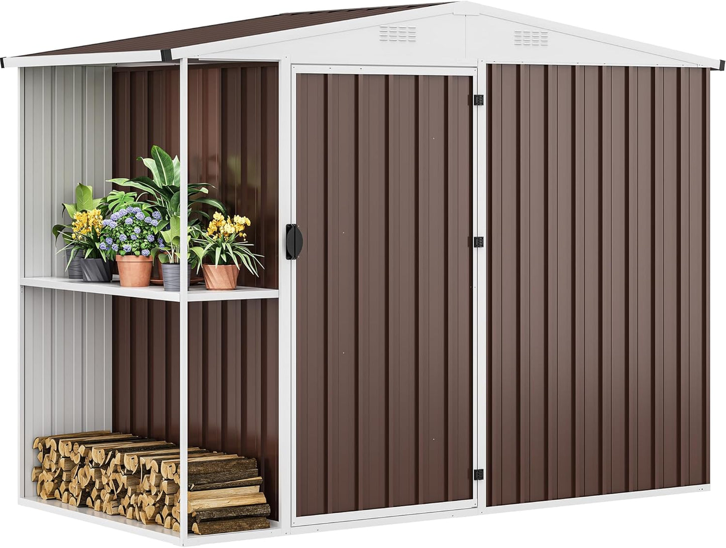 DWVO 8 x 4 ft Outdoor Storage Shed with 2-Tier Shelf, Metal Tool Shed & Garden Storage Cabinet for Backyard, Patio, Equipment & Bike, Brown