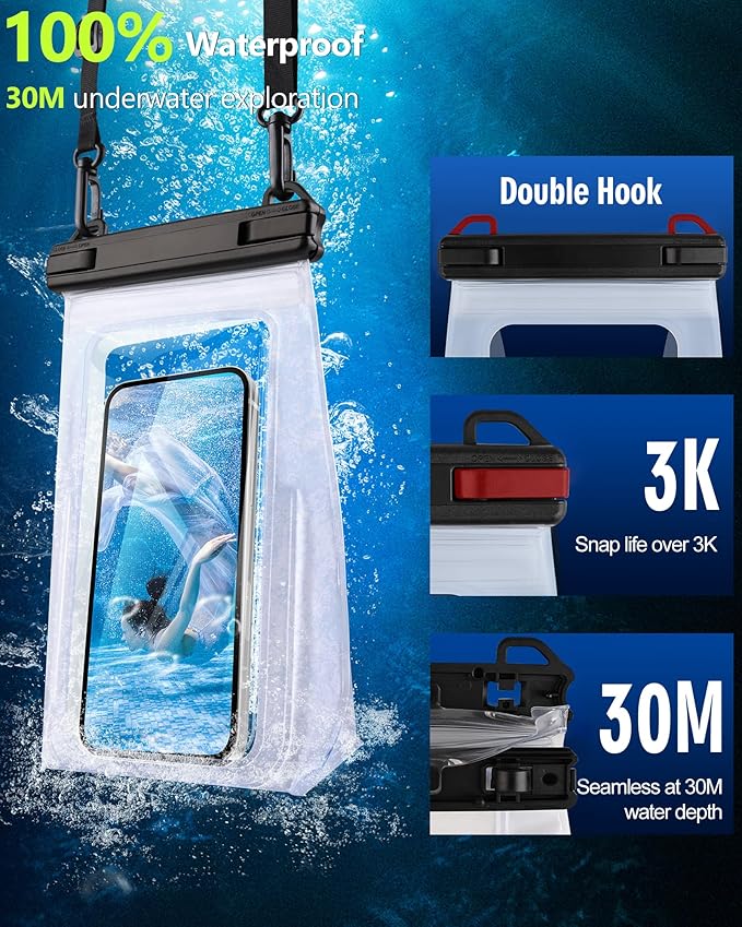 IPX8 Waterproof Phone Pouch Floating, [Expandable Space] Waterproof Bag, Cell Phone Dry Bag with Adjustable Lanyard for iPhone Samsung Google Up to 7.0" White