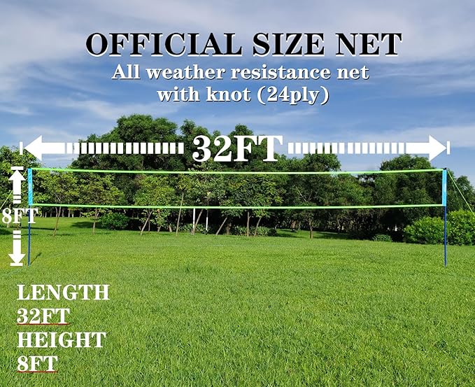 Outdoor Portable Volleyball Net System - Adjustable Height Poles with Soft Volleyball Ball, Pump, Hammer, Boundary Line, and Carry Bag for Backyard, Beach, Lawn