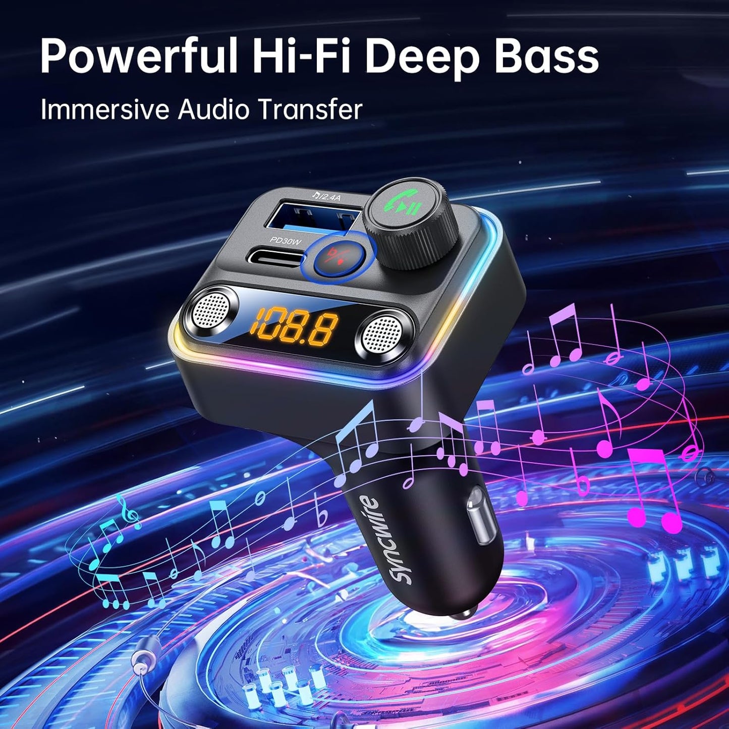 Syncwire Bluetooth 5.4 FM Transmitter Car Adapter 42W [Light Switch] [Stronger Dual-mic] [HiFi Bass Sound] [Fast Charging] Wireless FM Radio Stereo Music Adapter Hands-Free Calling Support USB Drive