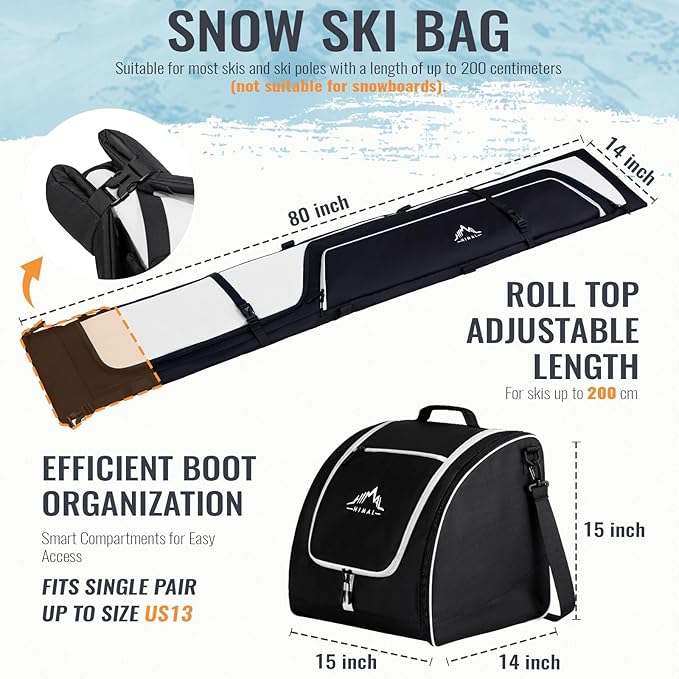 Ski Bag and Boot Bag Combo, Padded Skis Bag for Air Travel, Safety Reinforce Ski Carrier Bag Fits for Skis Up to 200 CM and Boots Up To Size US13, Water- resistant Ski Travel Bag
