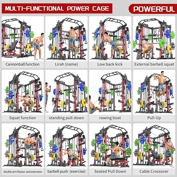 Smith Machine Power Rack Multifunctional Power Cage Deep Squat Rack Cable Crossover System Selectable More Training Attachment for Garage & Home Gym