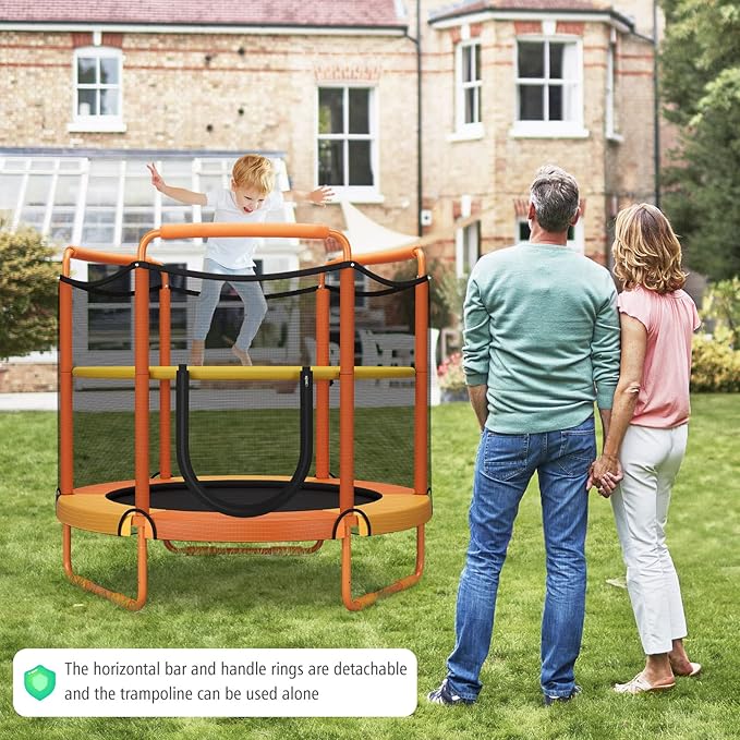 GYMAX 5FT Trampoline for Kids, ASTM Approved with Safety Net & Kitten Trapeze Rings, Indoor/Outdoor