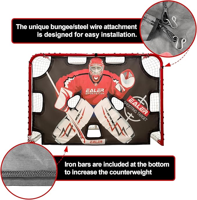 EALER Hockey Goal with Shooting Targets – 6′×4′ Portable Street & Ice Goal, Heavy-Duty 2″ Steel Frame, 11 Target Holes, Tear-Proof Fabric, Official Size, Easy Backyard Assembly