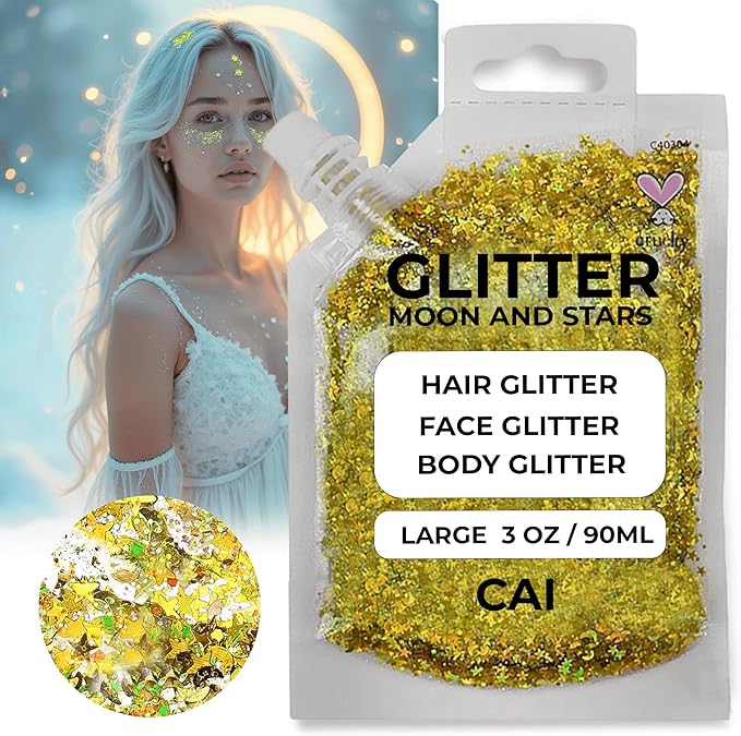 Hair Glitter Gel – Body Glitter for Kids and Women – Iridescent Holograph Cosmetic-Grade Gel w/Moon & Stars for Hair, Body & Face, Applies Smoothly w/o Glue & Washes Off Easily, 3 Oz - Gold 2Pack