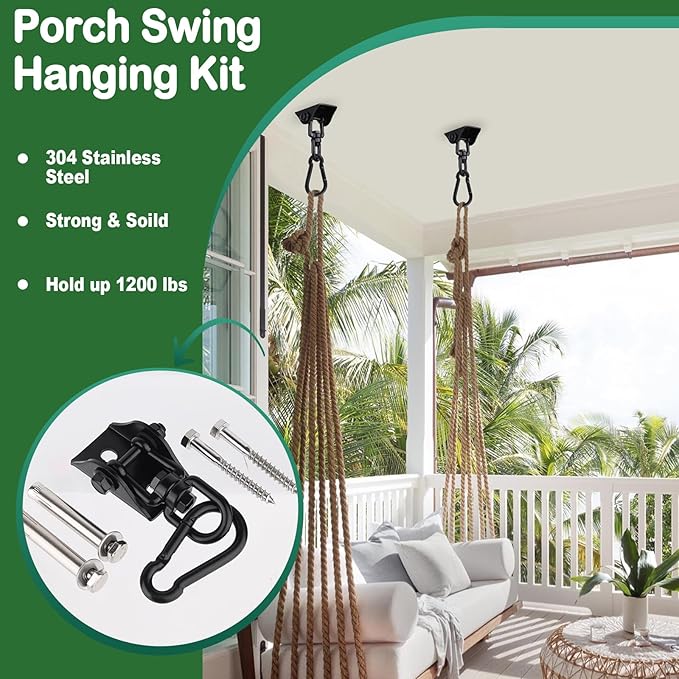 Hammock Hanging Kit 2 Pack, Porch Swing Hanging Kit 1200 Lb Capacity, Hammock Ceiling Hooks Heavy Duty 360°Rotating Hanging Swing Chair Hardware for Hammock Chair Stand, Porch, Yoga, Gym