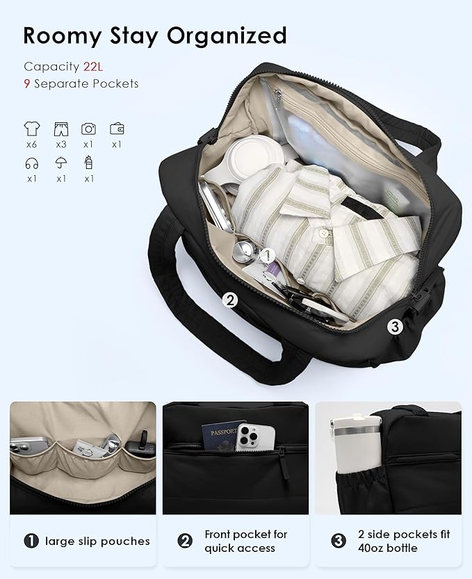 Gym Bag for Women, Travel Duffle Bags with Wet Pocket, Lightweight Carry on Bag Overnight Weekender Duffel Bag, Water Resistant (Black)