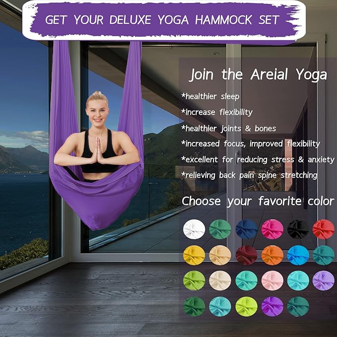 5.5 Yards Aerial Silks Yoga Swing Set - Aerial Yoga Hammock Kit Anti-Gravity Flying for Fitness, Low/Non Stretch Nylon Tricot Fabric Hardware Included for Dance