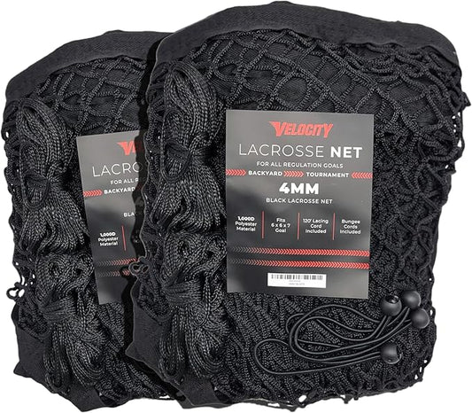 Velocity Heavy Duty Black & White Lacrosse Net - Fits 6’x6’x7’ Goals - Weatherproof, UV Resistant 1000D High-Strength Polyester - Comes with 100+ Feet of Lacing Cord and 4 Quick Ties