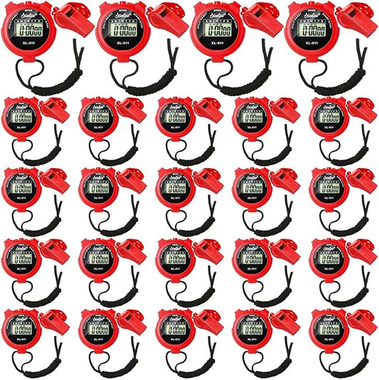 48 Pcs Digital Stopwatch Timer Plastic Whistle Bulk for Sports Coaches Referee Waterproof Watch Timer Whistle with Lanyard Multi Function Electronic Fitness Date Alarm (Red)
