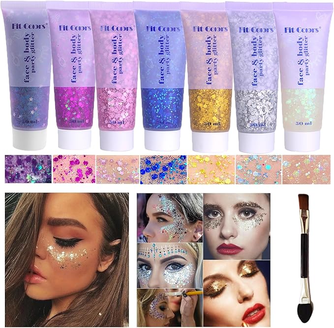 Body Glitter Face Glitter Gel: Singer Concerts Disco Festival Rave Accessories Face Glitter Makeup 150ml Chunky Sequins Mermaid Face Body Hair Glitter Gel (White&Silver&Pink&Gold&Blue&Purple&Rose)