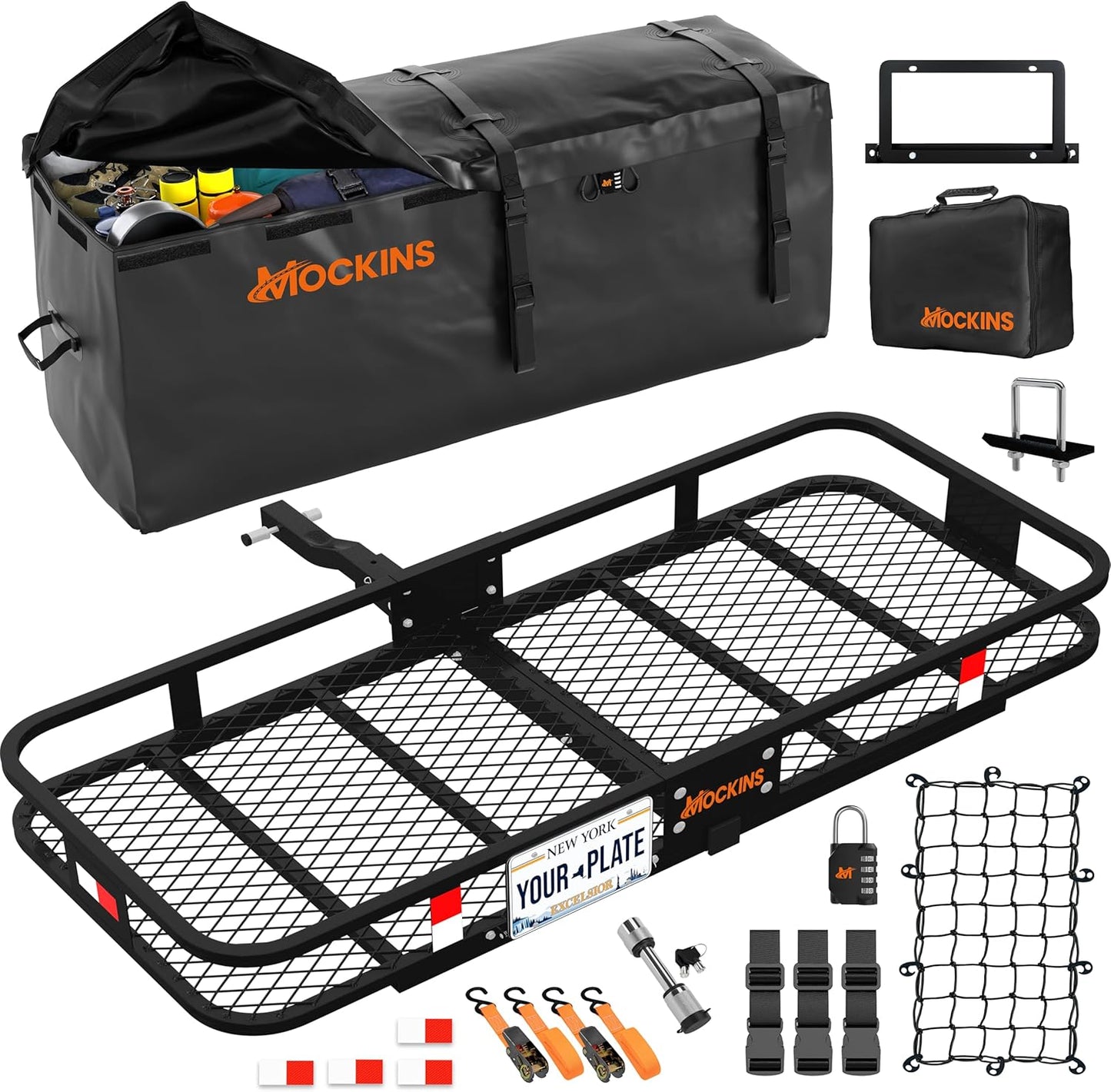 Mockins 60"x20"x6" Heavy Duty Trailer Hitch Cargo Carrier w/License Plate Holder & 16 Cu.Ft. Waterproof Cargo Bag for Hitch Carrier | All-Weather 500 Lbs. Cap Folding Luggage Rack for SUV Car & Truck