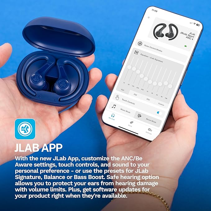 JLab JBuds Sport ANC 4 True Wireless Bluetooth Earbuds + Charging Case, Cobalt Blue, Swipe + Touch Controls, Hybrid Active Noise Cancelation, Multipoint Connect, Customized Settings App