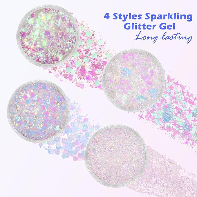 Mermaid White Face Glitter Gel,10g/pc 4 Styles Body Glitter for Kids,Mardi Gras Outfits Sparkling Hair Glitter Cheer Makeup Glitters Rave Festival Accessories,40g/1.41 oz