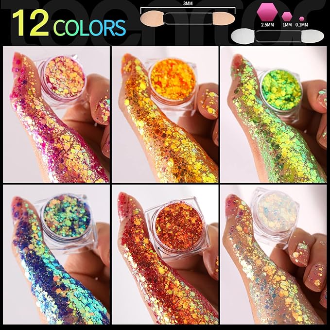 Teenitor Body Glitter Gel Face Glitter Makeup Festival Glitter, 12 Colors Face and Body Glitter Gel, Hair Glitter