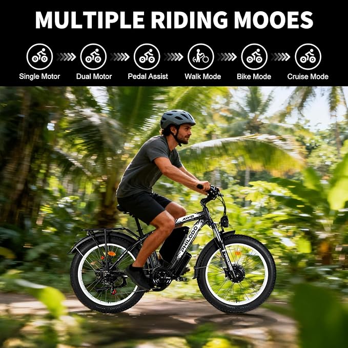 PHILODO 5000W Dual Motor Ebikes for Adults, 60V 26AH Battery Electric Bike, 26x4 Fat Tires for All Terrain Dirt Bike with 21-Speed Gear Electric Mountain Bike Electric Bicycle