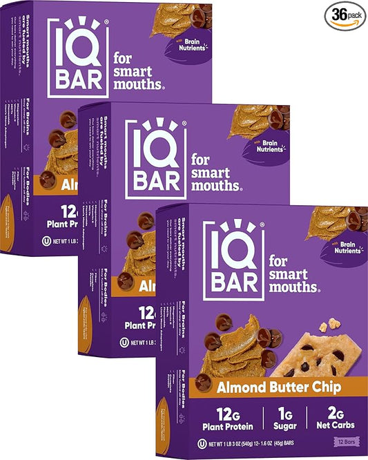 IQBAR Brain and Body Plant Protein Bars - Almond Butter Chip - 36-Count Low Carb - Gluten Free, High Fiber, Vegan Snacks - Low Sugar Meal Replacement