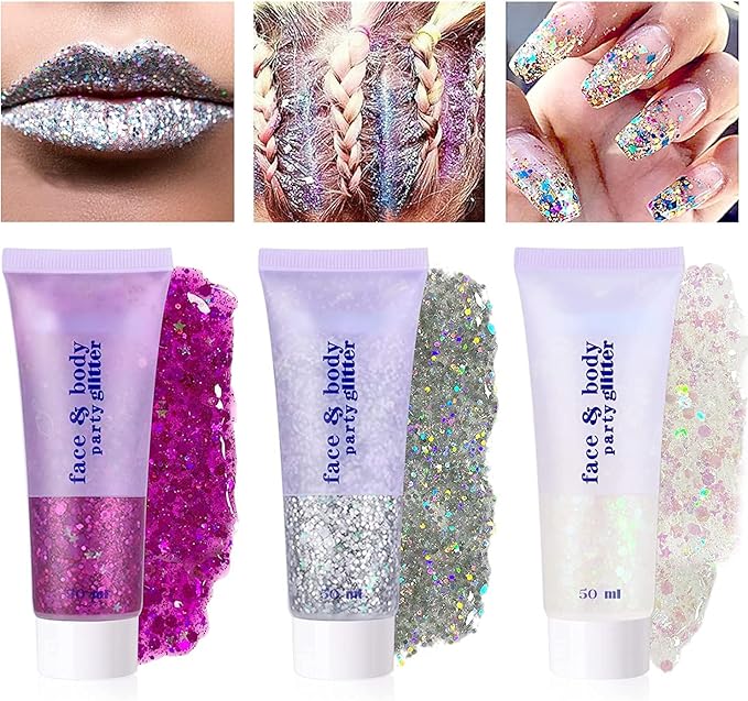 Pink Face Glitter,Sparkling Neon Outfit Party Holographic Sequins Paint Body Glitter Gel Makeup.(03# Pink)