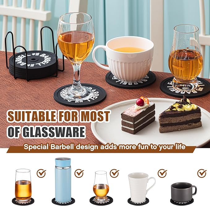 8 Pcs Barbell Bumper Plate Cool Coasters Round Silicone Coasters Weight Plate Coaster with Rack Holder for Gym Lovers Gym Accessories(Black)