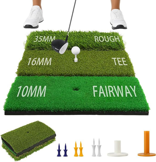 Jkwokback 3-in-1 Golf Hitting Mat | Turf Golf Practice Mat for Swing, Putting & Chipping | Portable Golf Mats Practice Indoor/Outdoor Golf Hitting Mat with 8 Tees Golf Training Mat