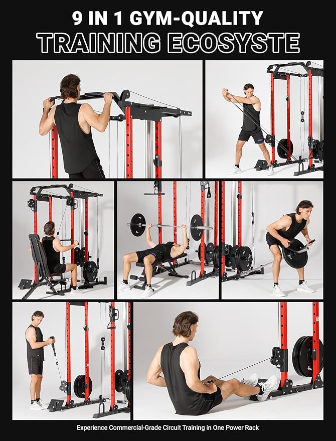 YOLEO Smooth Dual Pulley System Power Cage, 1600LBS Adjustable Cable Crossover Power Rack, Multi-Functional Squat Rack for Home Gym with More Training Attachment