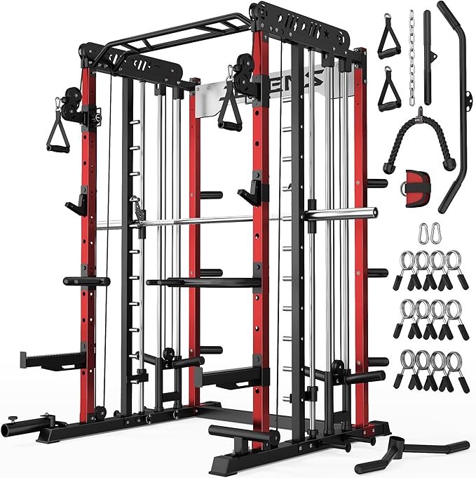 Smith Machine for Home Gym, Multi-Function M12 Power Cage with Cable Crossover System, Squat Rack with Smith Bar and More Attachment