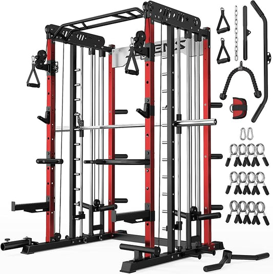 Smith Machine for Home Gym, Multi-Function M12 Power Cage with Cable Crossover System, Squat Rack with Smith Bar and More Attachment