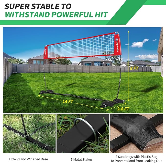 Portable Volleyball Net 5-Height Adjustable for Backyard with Widened Base, Tetoron Net, 6 Metal Stakes and 4 Sandbags, 12ft/14ft Volleyball Practice Training Equipment with Carry Bag