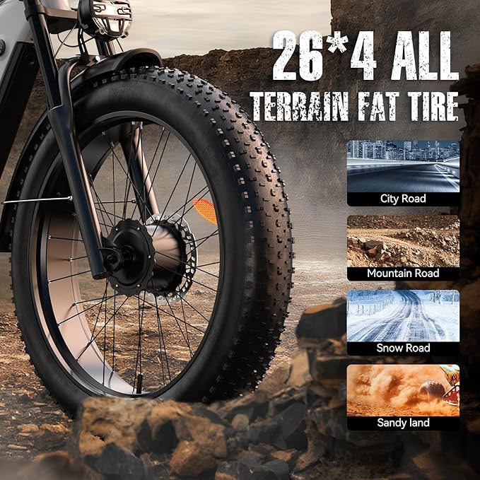 Electric Bike for Adult, 52V 20Ah Peak 3000W Dual Motor 26" Fat Tire Ebike, Max 38Mph & 35-90 Miles Full Suspension, Mountain E Bicycle for Men