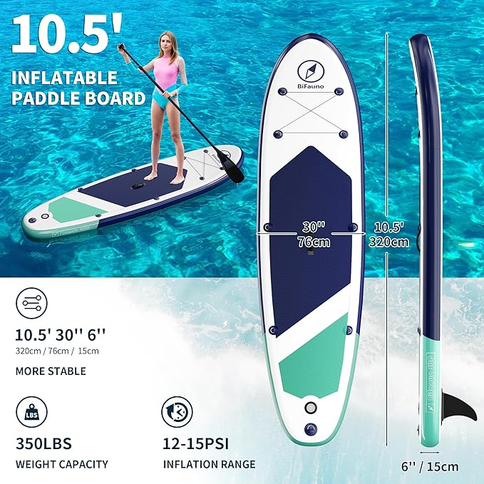 Inflatable Stand Up Paddle Board with SUP Accessories & Backpack. Paddle Boards for Adults. Non-Slip Deck, Wide Stance, Bottom Fin, Double Action Pump.