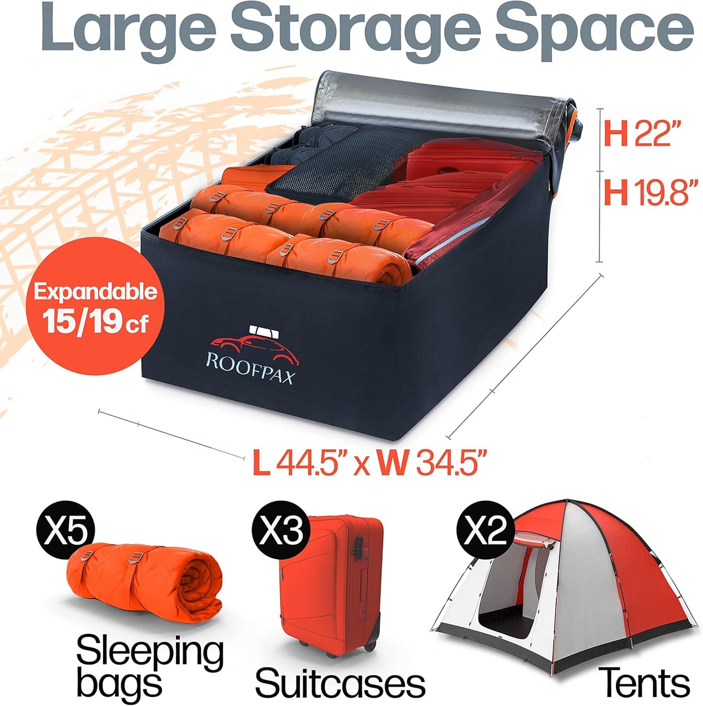 RoofPax Expandable 15/19 cft. Car Rooftop Cargo Carrier Bag Waterproof Storage Including Double Zippers, Heavy-Duty Tie-Down Straps fit Cars with/Without Roof Top Rack or Side Rails