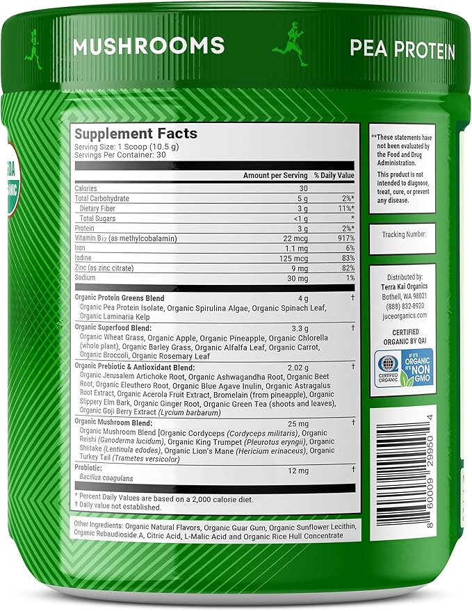 Juce SG7 Sport Greens Powder Supplement | Organic Plant Based Protein | Green Juice Powder | Probiotics | Mushrooms | Mixed Berry Flavor | 30 Servings | By Terra Kai Organics