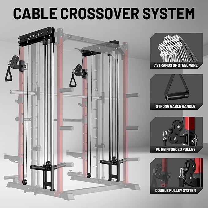 Smith Machine for Home Gym, Multi-Function M12 Power Cage with Cable Crossover System, Squat Rack with Smith Bar and More Attachment
