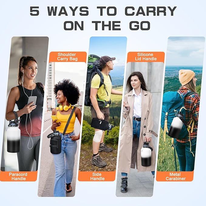 Insulated Water Bottle 64 oz, Half Gallon Water Jug Cold 48H, BPA Free Stainless Steel Bottles with Straw/Chug 2-in-1 Lid, Bag, Paracord Handle, Silicone Boot, Sports Gym School Metal Flask