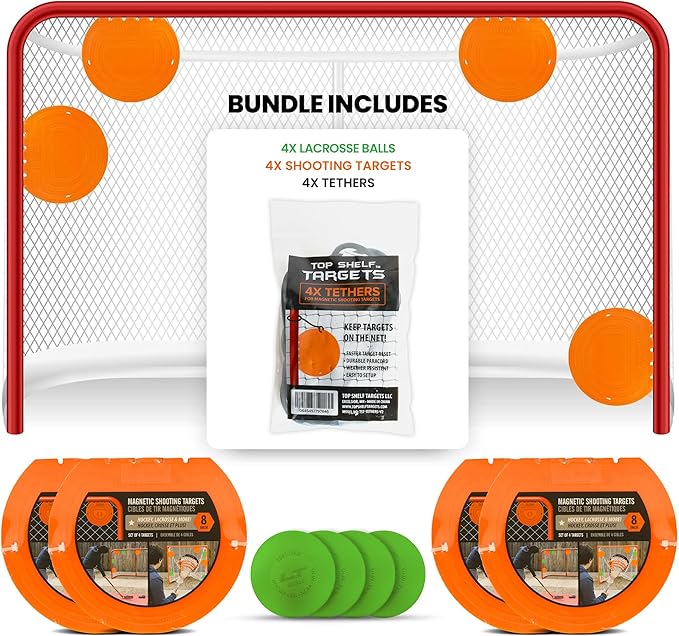Combo Bundle of Durable Magnetic Lacrosse Goal Targets/Hockey Targets with 4 Pearl Lacrosse LT Textured Balls and 4 Tethers| Lacrosse Net Goalie Targets