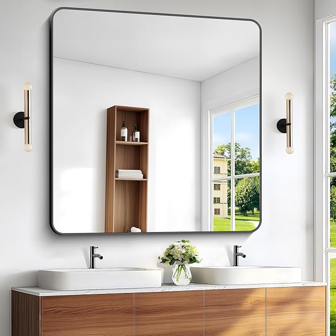 48x48 inch Bathroom Mirror,Black Rectangle Mirror,Wall Mounted Bathroom Frame Vanity Mirror with Round Corner for Bedroom Living Room,Entryway Hangs Horizontal or Vertical