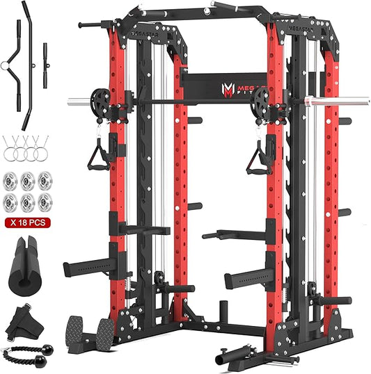 Smith Machine Home Gym with Aluminum Pulley Set- 2000lbs Capacity All-in-One Power Rack with Cable Crossover, Pull-Up Bar & Dip Station, Includes 18 Attachments, P107 Anvil