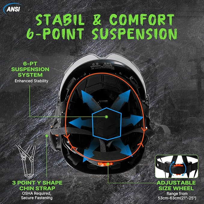 Aolamegs Construction Hard Hats for Adults - Hard Hats Construction OSHA Approved with Smoke Visor for Men Women, ANSI Z89.1 Vented Safety Helmet, Hard Hat with Chin Strap,6 Point Suspension （Black