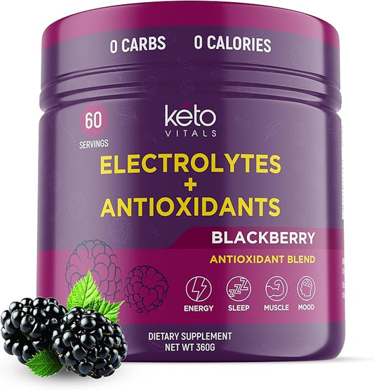 Keto Vitals Antioxidant Electrolytes Powder - Blend Keto Electrolytes with Potassium, Magnesium, Sodium, & Calcium - No Sugar Electrolyte Drink Mix & Hydration Powder, 60 Servings, BlackBerry