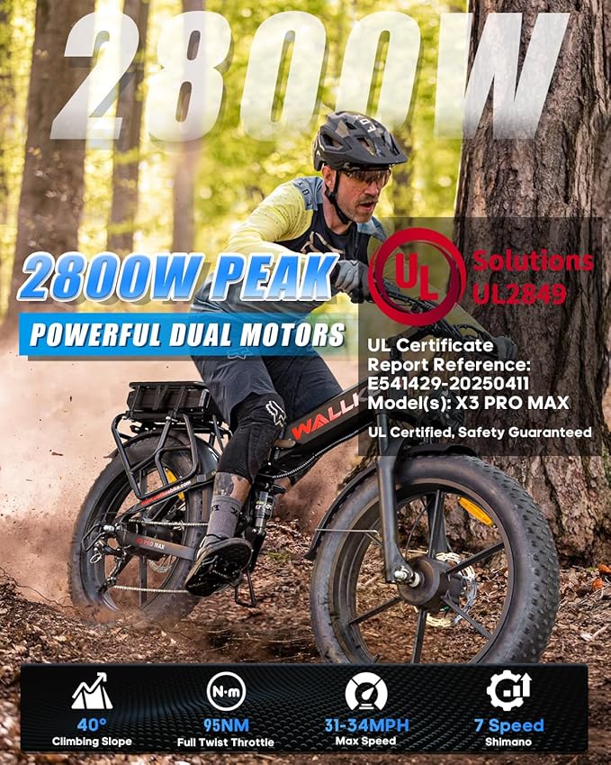 W Wallke 2025 X3 ProMax MAX Folding Dual Motor Electric Bike, 48V 44Ah/22Ah Long Range Adults Ebike, 26" Fat Tire All Terrian Full Suspension 31-34 MPH Fast E-Bike, 7-Speed Mountain e Bicycle, UL2849
