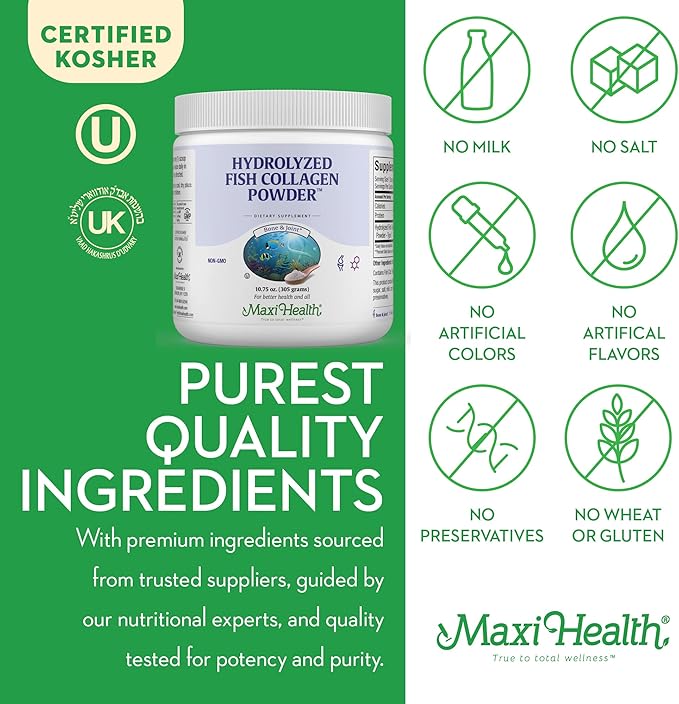 Maxi Health Collagen Peptides Powder – Type I Unflavored Marine Powder Collagen for Women & Men - Wild-Caught Protein Supplement for Joints, Skin, Hair & NailNails (10.75 oz)