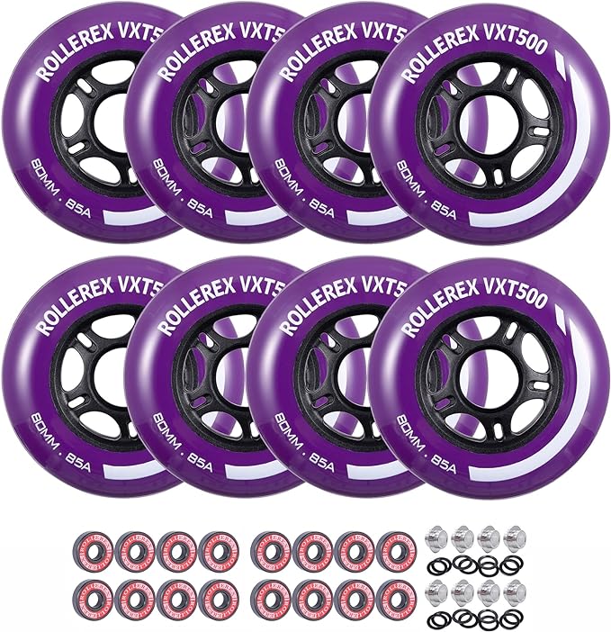Rollerex VXT500 Inline Skate Wheels (8 Wheels w/Bearings, spacers and washers) (Various Size & Color Options Available) - for Indoor, Outdoor, Hockey - Intended for Roller Blade Wheel Replacement