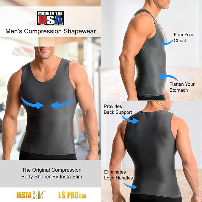 Insta Slim -Made in USA- Compression Tank-Top Shapewear for Men. Tummy Control Slimming Body-Shaper for Belly & Back Support
