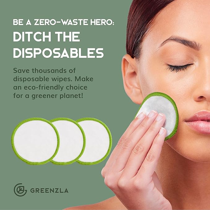 Greenzla Reusable Makeup Remover Pads (20 Pack) Washable Laundry Bag & Round Box for Storage, Reusable Bamboo Cotton Rounds for All Skin Types - Reusable Cotton Rounds for Face - Reusable Cotton Pads
