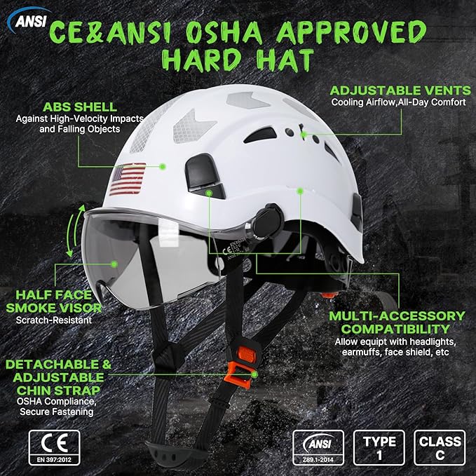 AOLAMEGS Construction Safety Hard Hat - ANSI Z89.1 Type Ι OSHA Approved Safety Helmets with Chin Straps Lightweight Reflective Vented ABS Hard Hats For Men Women Industrial Workwear 6-point Suspension