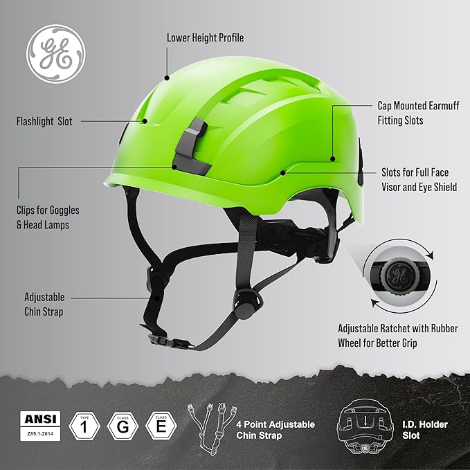 GE Safety Helmet, Impact Absorbing Tech, Adjustable Ratchet, ANSI Type 1, Memory Foam Padding, Hard Hats Protection, Lightweight, Durable, Chin Strap, Comfortable Fit OSHA Approved