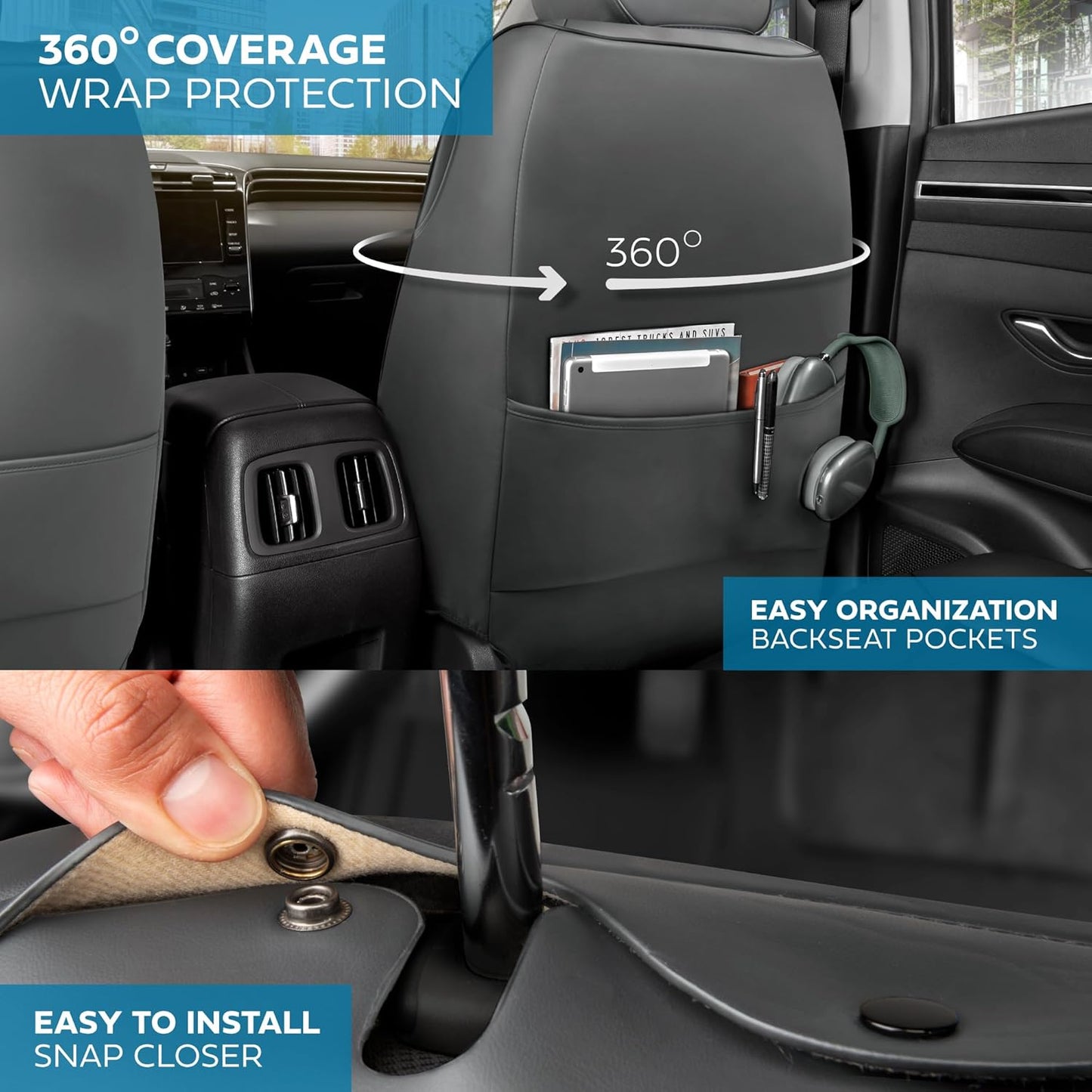 Elite Edition Faux Leather Seat Covers for Cars, Trucks, & SUV - 2 Gray Car Seat Covers for Front Seats - Universal Fit Car Accessories Automotive Interior Cover Protector for Most Vehicles